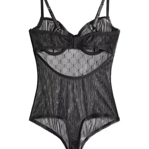 INC International Concepts Black Sheer Monogram Bodysuit - Picture 4 of 7